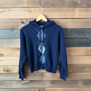 Vintage Mac & Jac Argyle Knit Hooded Sweater Navy Wool Pullover